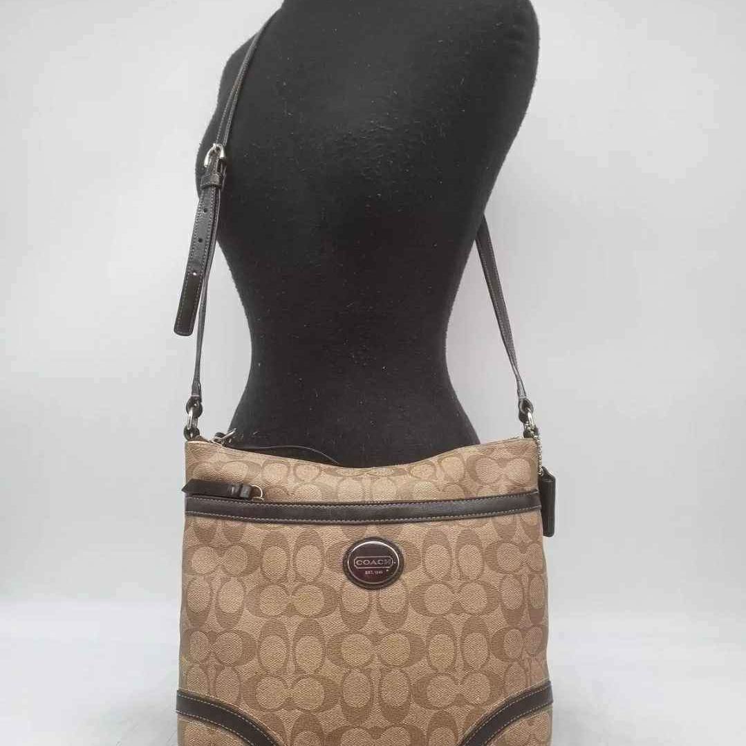 Coach Signature Tan/Brown Coated Canvas Shoulder Handbag Purse Crossbody